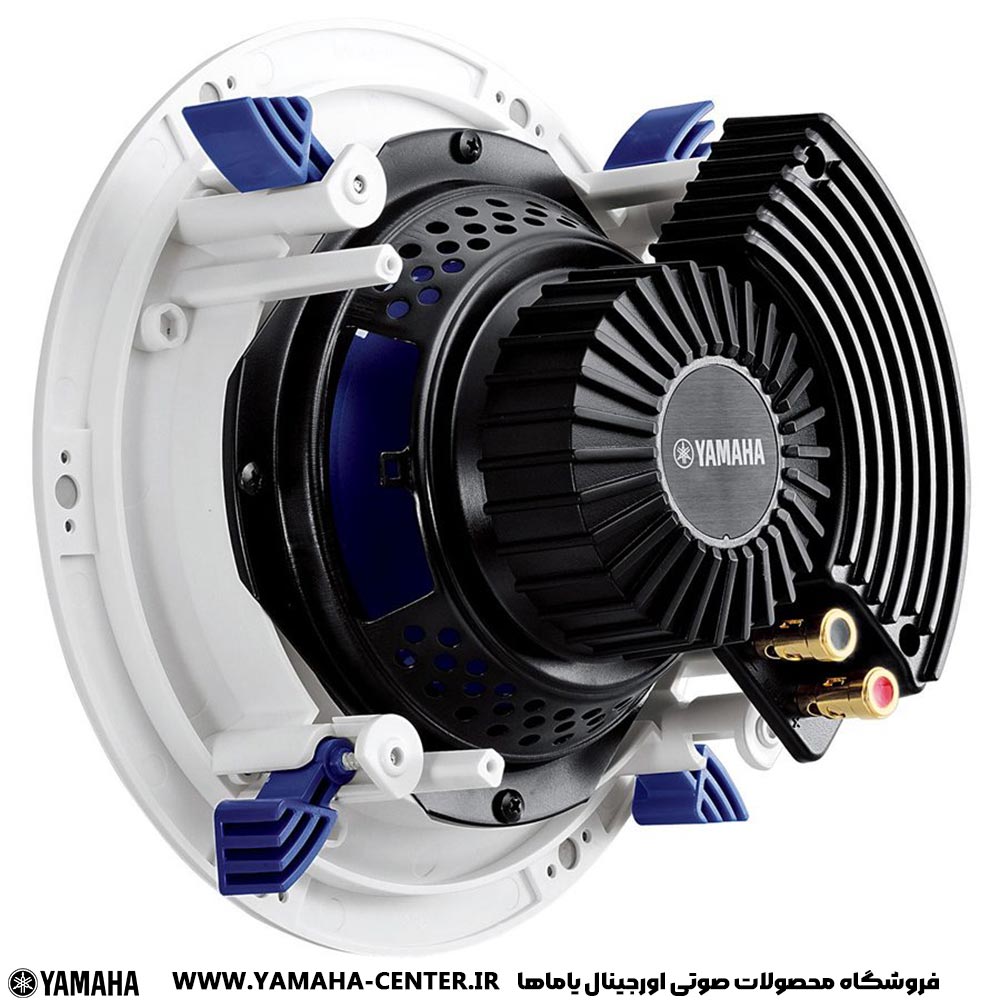 نمای پشتی اسپیکر سقفی یاماها NS-IC600 با بدنه سفید، قطعات مشکی و ترمینال‌های اتصال.