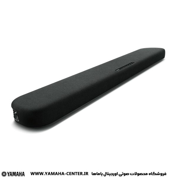 ساندبار مشکی یاماها SR-B20A با طراحی کشیده و روکش پارچه‌ای روی پس‌زمینه سفید دیده می‌شود.
