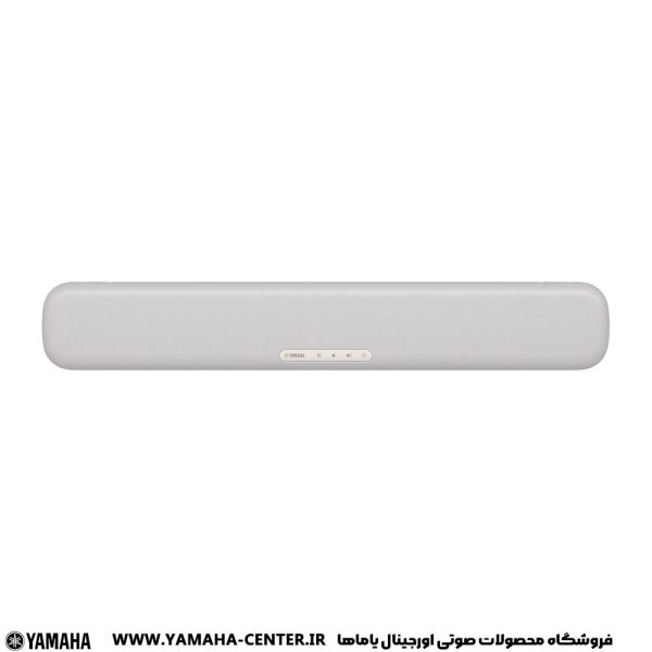 ساندبار سفید یاماها SR-C20A با طراحی باریک و پنل کنترل جلویی.