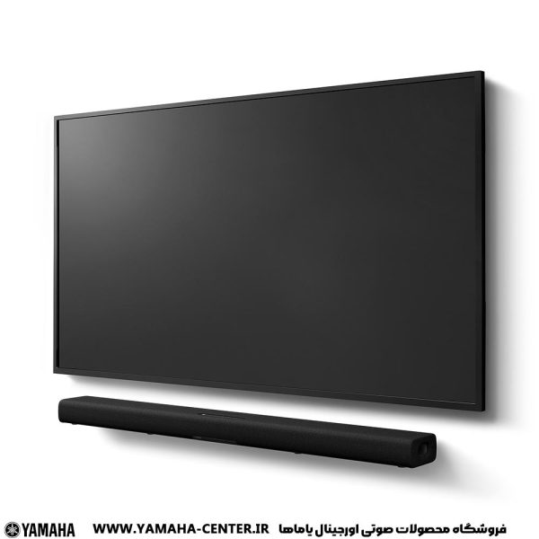 ساندبار مشکی یاماها SR-X40A در کنار تلویزیون صفحه‌تخت مشکی‌رنگ