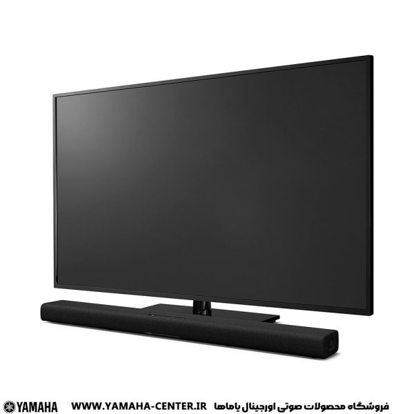 ساندبار مشکی یاماها SR-X40A در جلوی تلویزیون قرار گرفته است.