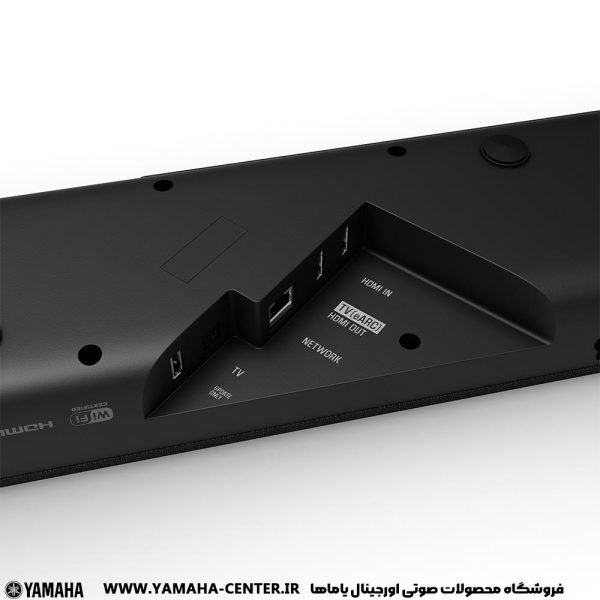 نمای نزدیک از درگاه‌های HDMI، شبکه و ورودی تلویزیون در بخش پشتی ساندبار مشکی یاماها SR-X40A.