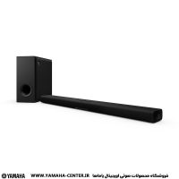 ساندبار مشکی یاماها SR-X50A همراه با ساب‌ووفر روی زمینه سفید