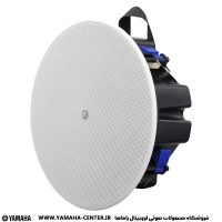 اسپیکر سقفی یاماها VXC3F با توری سفید و بدنه مشکی، نمایی از جلو و کنار محصول