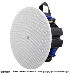 اسپیکر سقفی یاماها VXC3F با توری سفید و بدنه مشکی، نمایی از جلو و کنار محصول