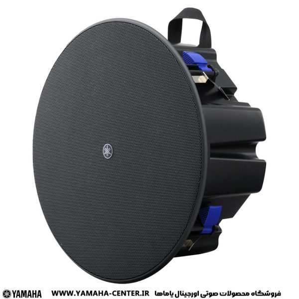 اسپیکر سقفی گرد یاماها VXC5F با بدنه مشکی و گیره‌های نصب آبی‌رنگ