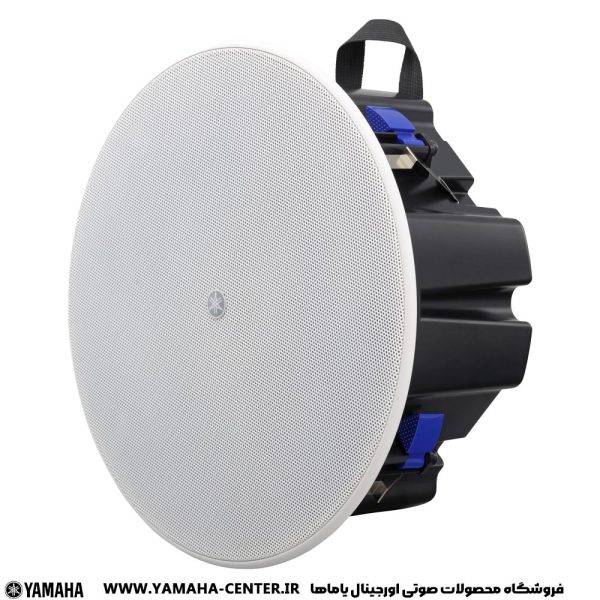 اسپیکر سقفی یاماها VXC5F با توری سفید و بدنه مشکی، نمایی از روبه‌رو و کنار