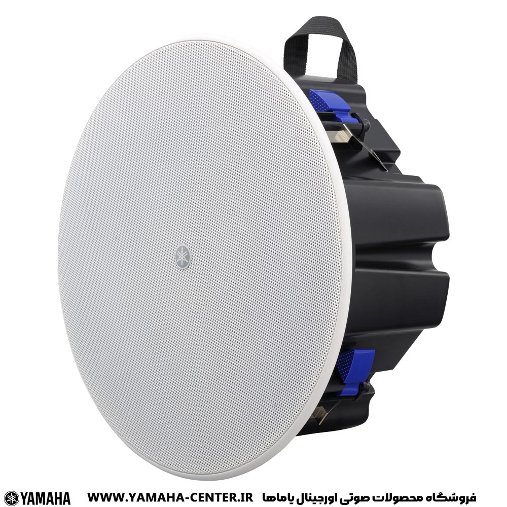 اسپیکر سقفی یاماها VXC5F با توری سفید و بدنه مشکی، نمایی از روبه‌رو و کنار