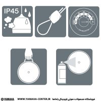 آیکون‌های راهنمای اسپیکر یاماها VXH8 شامل استاندارد IP45، اتصال کابل، تنظیم تپ، حمل و تمیزکردن بلندگو.
