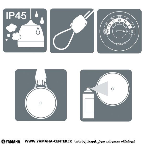 آیکون‌های راهنمای اسپیکر یاماها VXH8 شامل استاندارد IP45، اتصال کابل، تنظیم تپ، حمل و تمیزکردن بلندگو.