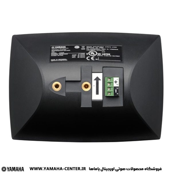 نمای پشت اسپیکر دیواری دکوراتیو مشکی یاماها VXS3F با ترمینال اتصال و برچسب مشخصات f