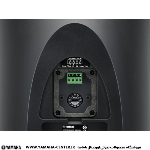 پشت اسپیکر دیواری دکوراتیو یاماها VXS8 با ترمینال اتصال و تنظیمات توان ۷۰ و ۱۰۰ ولت
