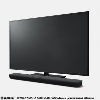 ساندبار مشکی یاماها YAS-109 در جلوی تلویزیون خاموش قرار گرفته است.