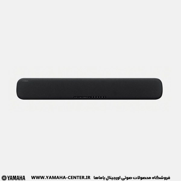 ساندبار مشکی یاماها YAS-109 با طراحی باریک و کشیده روی زمینه سفید