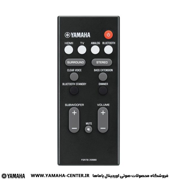 ریموت کنترل مشکی ساندبار یاماها YAS-207 با دکمه‌های تنظیم صدا، ساب‌ووفر و حالت‌های صوتی