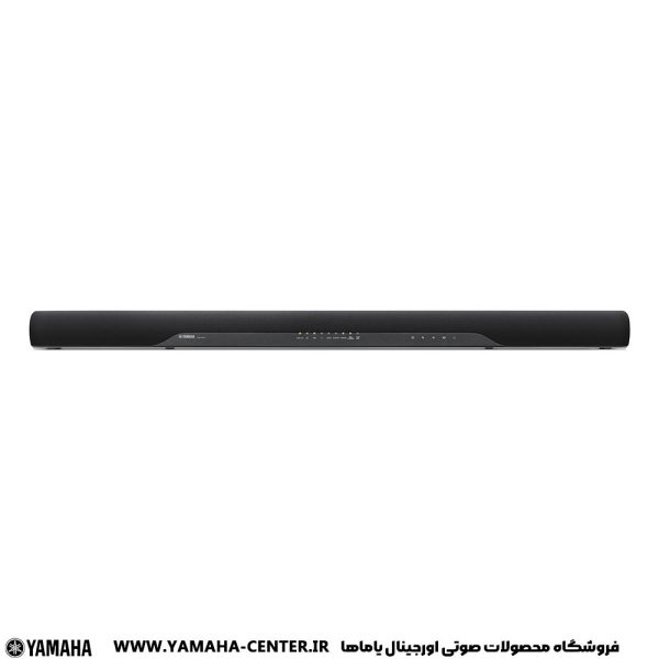 ساندبار مشکی یاماها YAS-207 با طراحی باریک و پنل کنترل جلویی روی زمینه سفید.