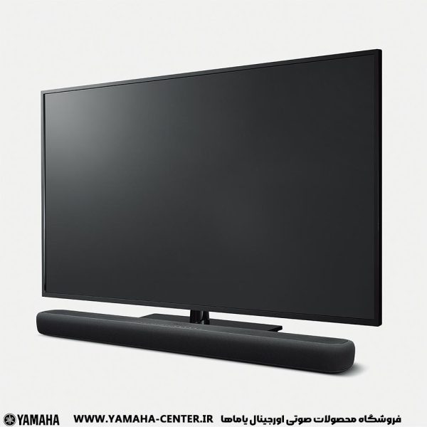 ساندبار مشکی یاماها YAS-209 در جلوی یک تلویزیون صفحه‌تخت قرار گرفته است.