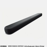 ساندبار مشکی یاماها YAS-209 با طراحی کشیده و سطح پارچه‌ای روی پس‌زمینه سفید.