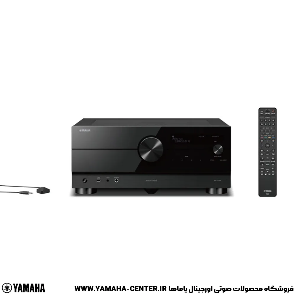 آمپلی‌فایر گیرنده مشکی Yamaha RX-A4A همراه با کنترل از راه دور روی پس‌زمینه سفید