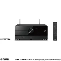 آمپلی‌فایر گیرنده مشکی Yamaha RX-A4A همراه با دو آنتن و کنترل از راه دور.