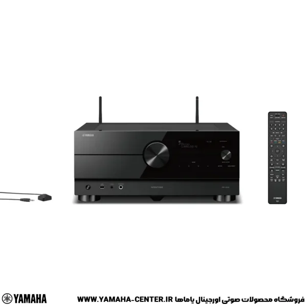 آمپلی‌فایر گیرنده مشکی Yamaha RX-A6A همراه با دو آنتن، میکروفون کالیبراسیون و کنترل از راه دور