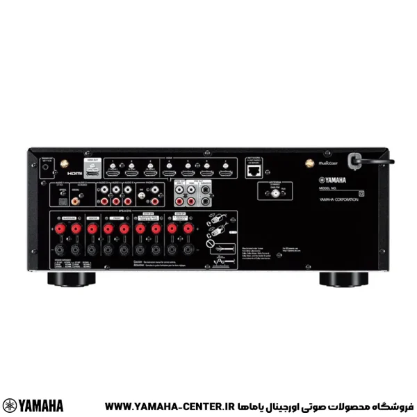 نمای پشت آمپلی‌فایر مشکی یاماها RX-V6A با ورودی‌ها و خروجی‌های متعدد аудیو تصویری